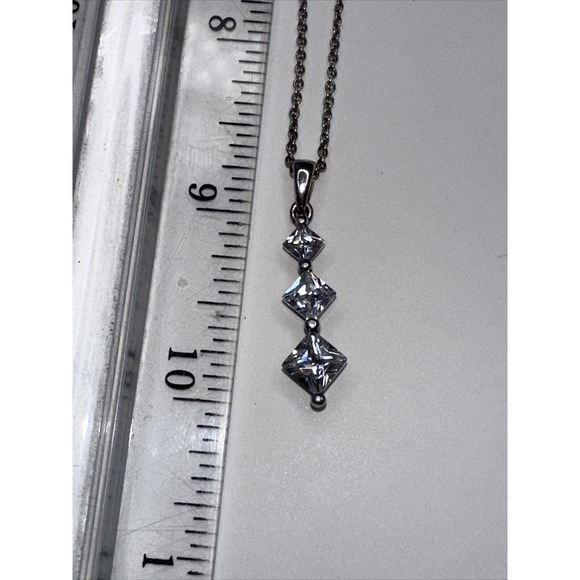 Sterling Silver Necklace Pendant CZ Three Square Faceted Drop 18-21" - Picture 9 of 12